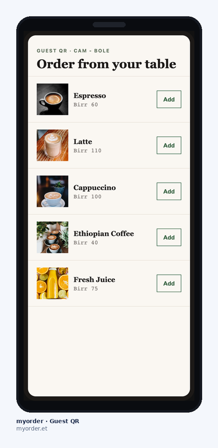 myorder guest QR ordering on a phone